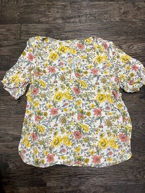 LOFT White Floral Puff Sleeve Blouse with Yellow and Pink Blooms